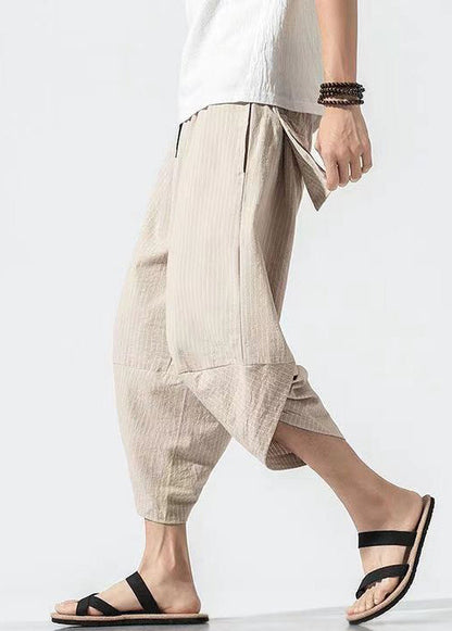 Light Khaki Striped Elastic Waist Cotton Crop Pants Summer