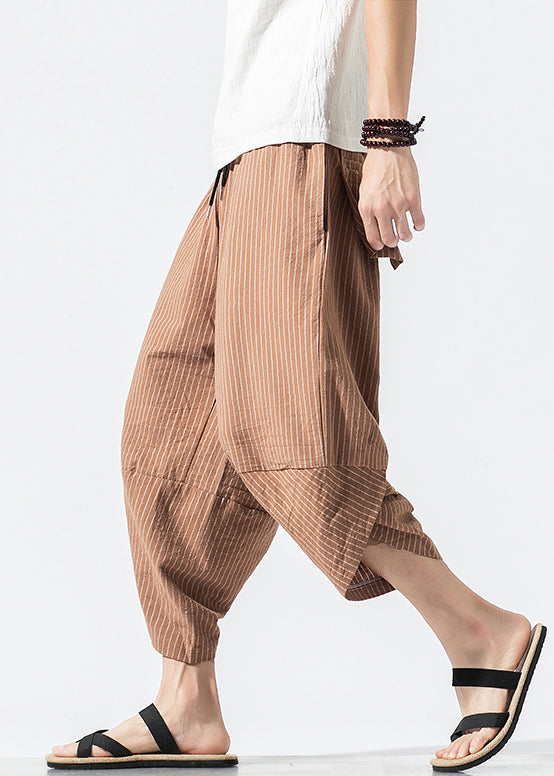 Light Khaki Striped Elastic Waist Cotton Crop Pants Summer
