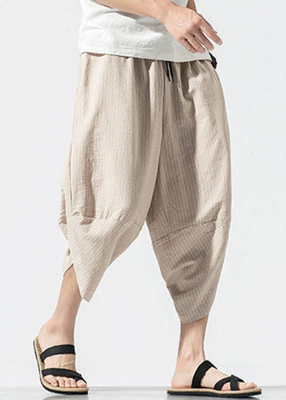 Light Khaki Striped Elastic Waist Cotton Crop Pants Summer