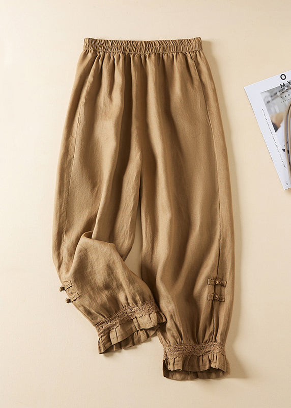 Linen Lace Button Elastic Waist Harem Pants Summer