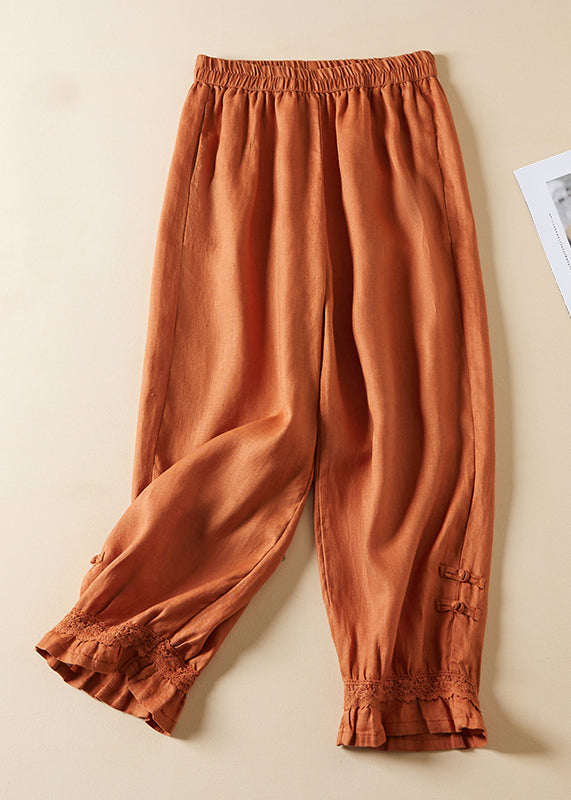 Linen Lace Button Elastic Waist Harem Pants Summer