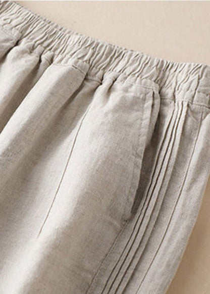 Linen Colour Ruffled Elastic Waist Draping Linen Wide Leg Pants Summer
