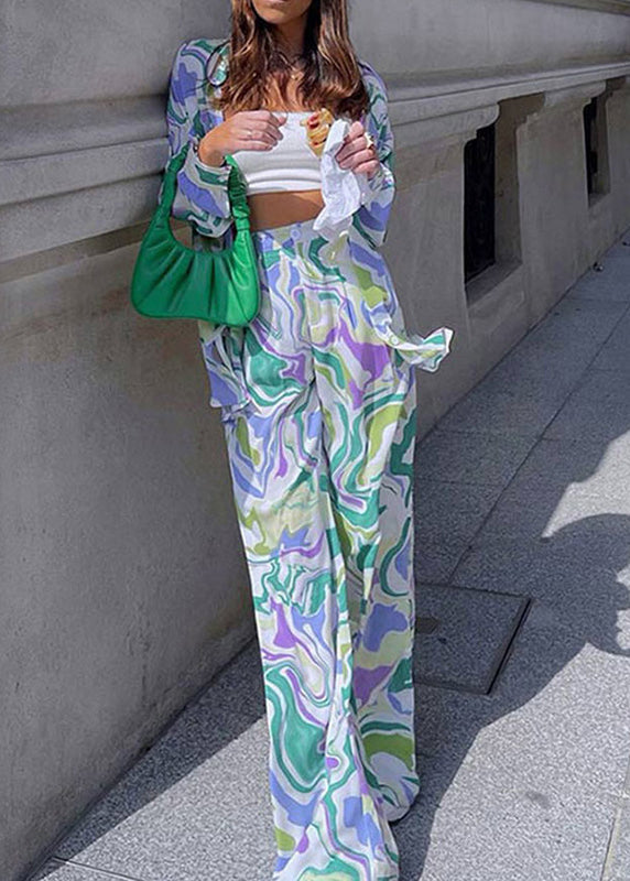 Loose Green Print Tops and Pants Two Pieces Set Summer