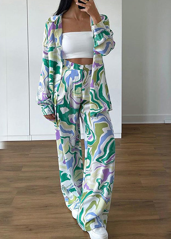 Loose Green Print Tops and Pants Two Pieces Set Summer