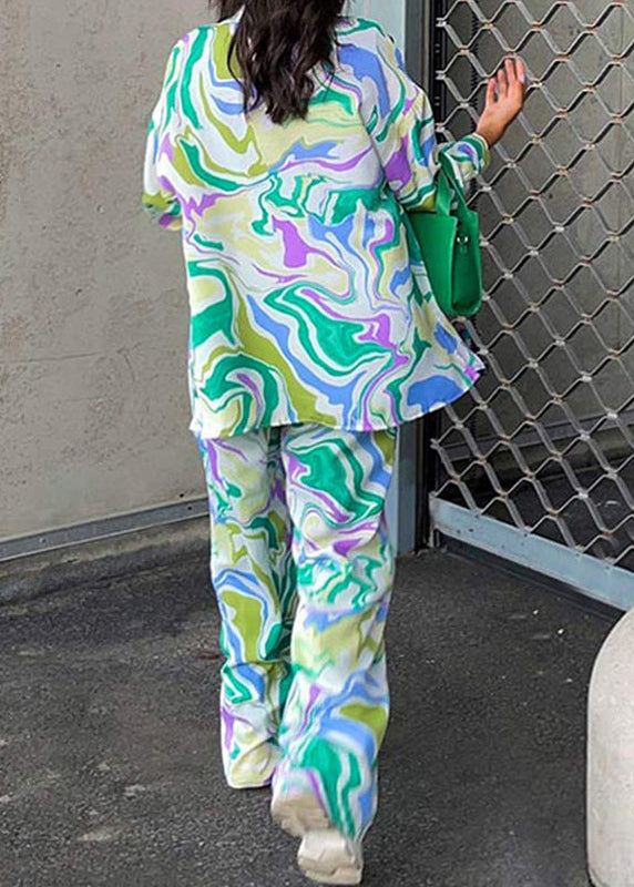 Loose Green Print Tops and Pants Two Pieces Set Summer
