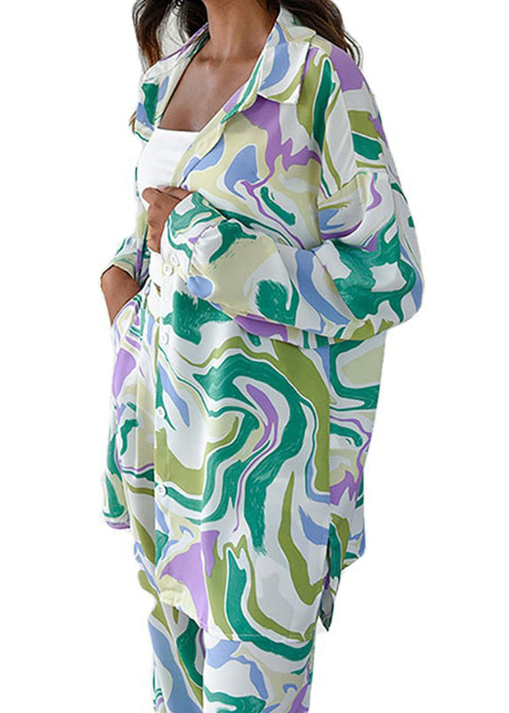 Loose Green Print Tops and Pants Two Pieces Set Summer