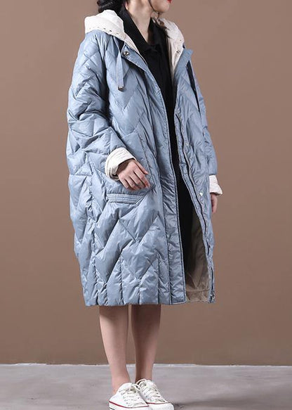 Loose Fitting Down Jacket Overcoat Light Blue Hooded Zippered Duck Down Coat