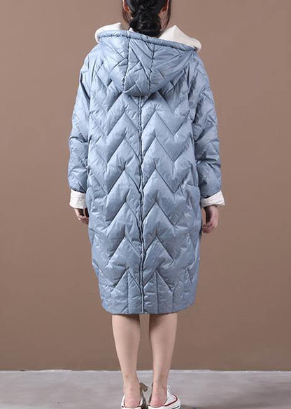 Loose Fitting Down Jacket Overcoat Light Blue Hooded Zippered Duck Down Coat