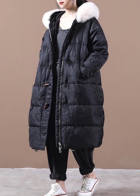 Loose Fitting Snow Jackets Pockets Overcoat Black Hooded Fur Collar Warm Winter Coat