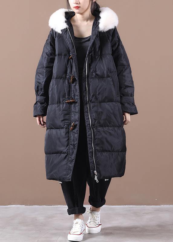 Loose Fitting Snow Jackets Pockets Overcoat Black Hooded Fur Collar Warm Winter Coat