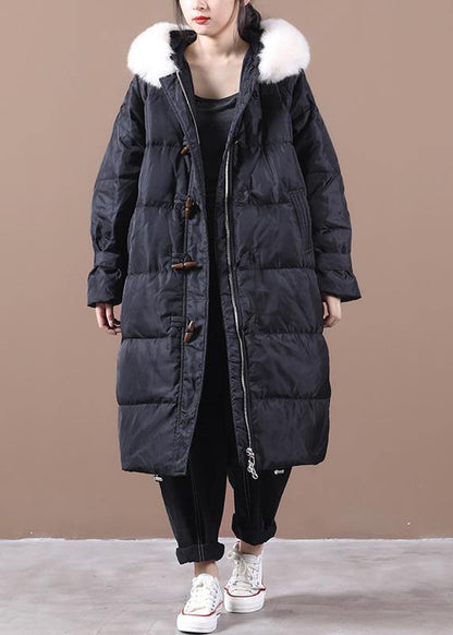 Loose Fitting Snow Jackets Pockets Overcoat Black Hooded Fur Collar Warm Winter Coat