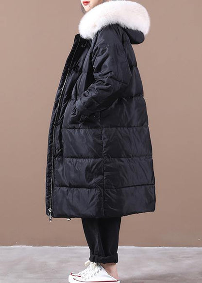 Loose Fitting Snow Jackets Pockets Overcoat Black Hooded Fur Collar Warm Winter Coat