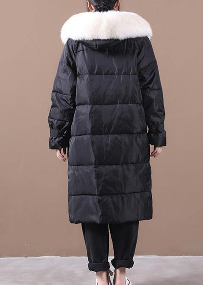 Loose Fitting Snow Jackets Pockets Overcoat Black Hooded Fur Collar Warm Winter Coat