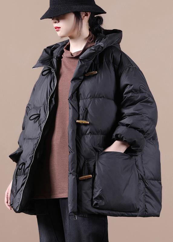 Loose Fitting Parka Overcoat Black Hooded Pockets Cotton Coat