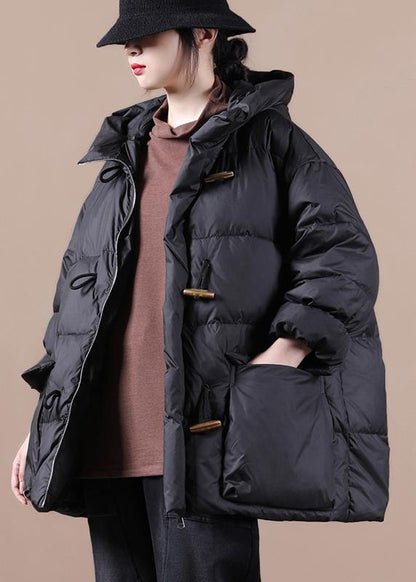 Loose Fitting Parka Overcoat Black Hooded Pockets Cotton Coat