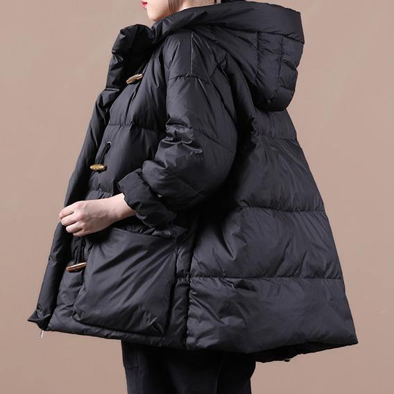 Loose Fitting Parka Overcoat Black Hooded Pockets Cotton Coat
