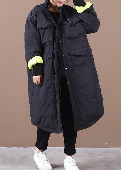Loose Fitting Parka Pockets Black Stand Collar Asymmetric Warm Coat
