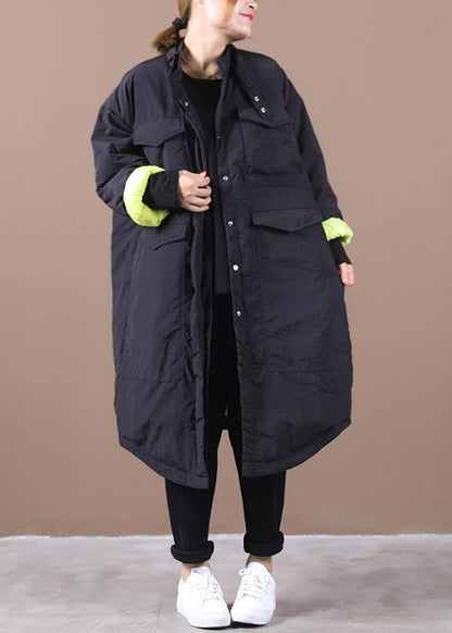 Loose Fitting Parka Pockets Black Stand Collar Asymmetric Warm Coat