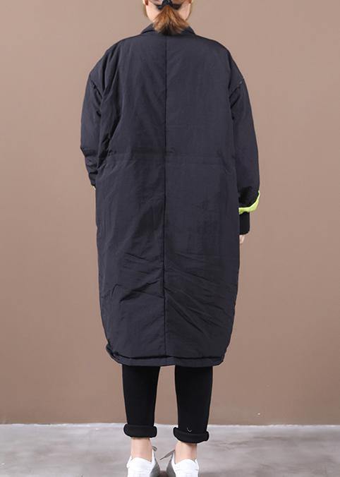 Loose Fitting Parka Pockets Black Stand Collar Asymmetric Warm Coat