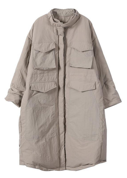 Loose Fitting Parka Pockets Black Stand Collar Asymmetric Warm Coat