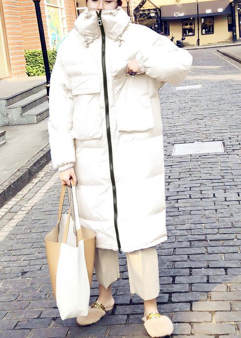 Loose Fitting Parka Winter Outwear White Stand Collar Cinched Duck Down Coat