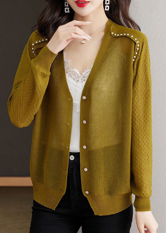 Matcha Colour V Neck Nail Bead Button Ice Size Knit Cardigan Summer