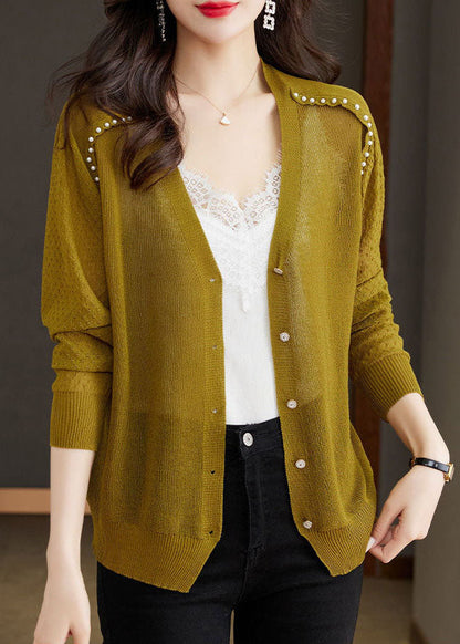 Matcha Colour V Neck Nail Bead Button Ice Size Knit Cardigan Summer