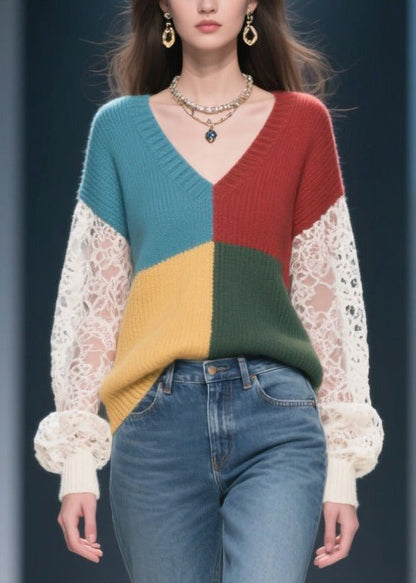 Mixed Color Hollow Out Patchwork Lace Sweater Tops Fall