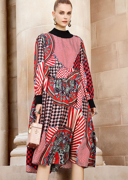 Multi Print Low High Design Maxi Dress Long Sleeve