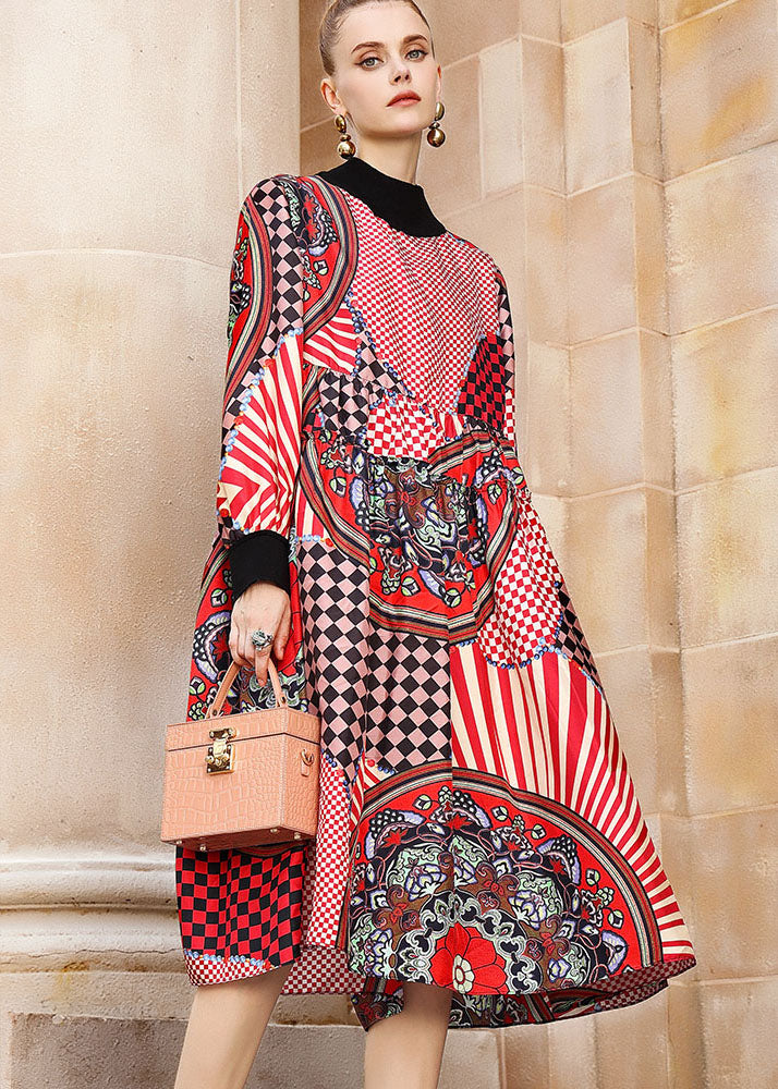 Multi Print Low High Design Maxi Dress Long Sleeve