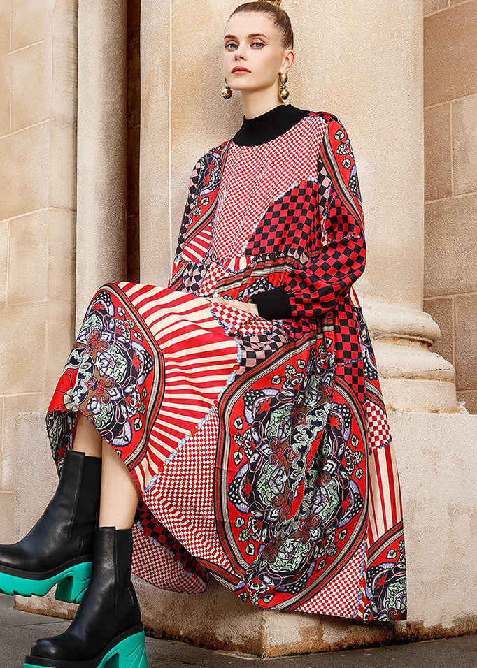 Multi Print Low High Design Maxi Dress Long Sleeve