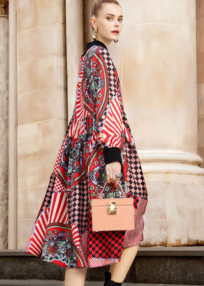 Multi Print Low High Design Maxi Dress Long Sleeve