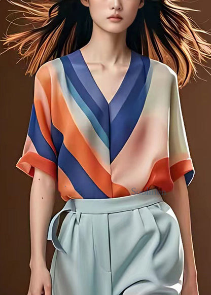 Multi V Neck Chiffon Tops Short Sleeve