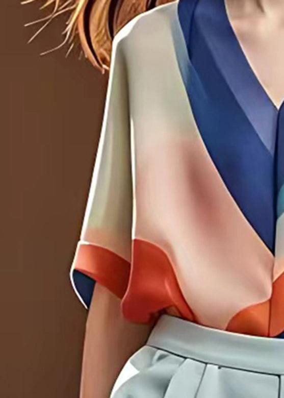 Multi V Neck Chiffon Tops Short Sleeve