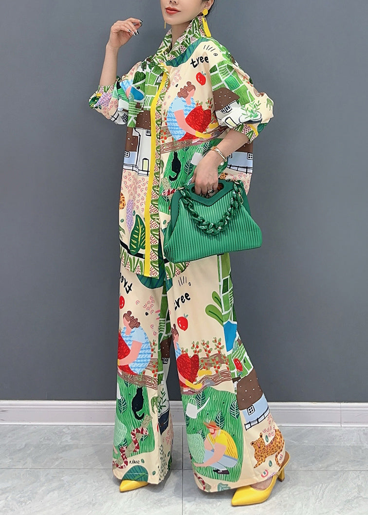 Multicolor Peter Pan Collar Print Shirts and Wide Leg Pants Two Pieces Set Fall