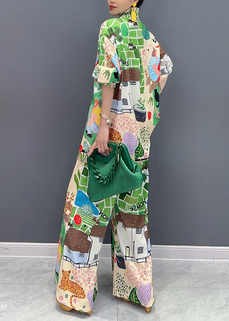 Multicolor Peter Pan Collar Print Shirts and Wide Leg Pants Two Pieces Set Fall