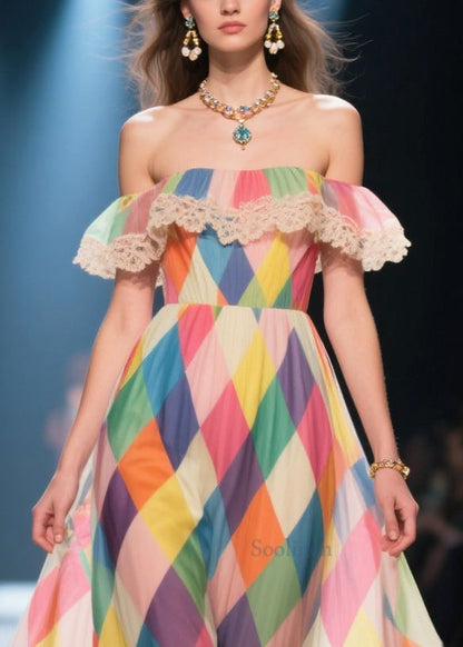 Multicolour Plaid Exra Large Hem Chiffon Strapless Dress Summer
