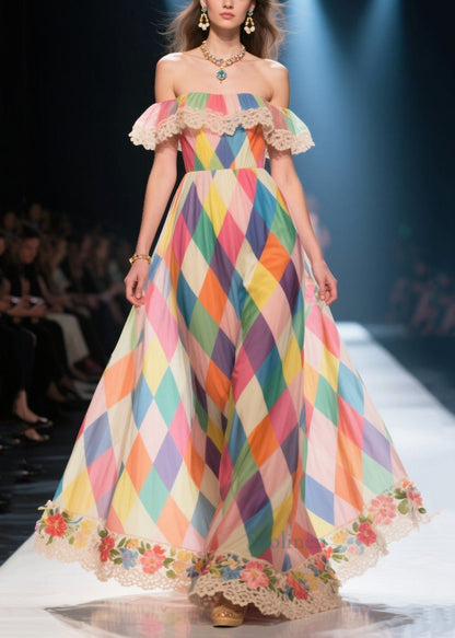 Multicolour Plaid Exra Large Hem Chiffon Strapless Dress Summer