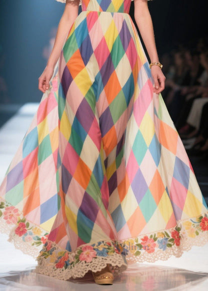 Multicolour Plaid Exra Large Hem Chiffon Strapless Dress Summer