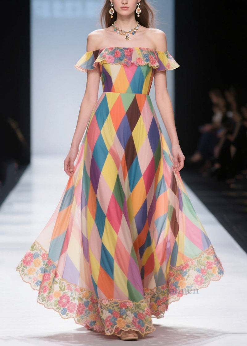Multicolour Plaid Patchwork Lace Chiffon Beach Strapless Dress Summer