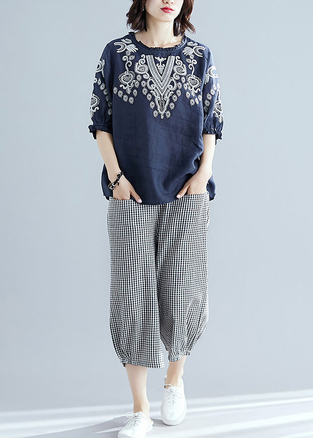 Navy Blue Embroideried Top and Harem Pants Two Pieces Set Short Sleeve