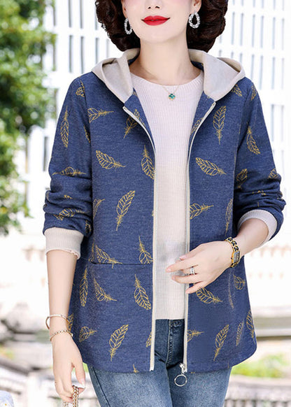 Navy Blue Zippered Patchwork Hoodies Coats Spring