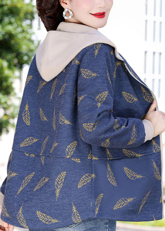 Navy Blue Zippered Patchwork Hoodies Coats Spring