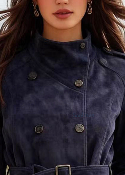 Navy Double Breast Faux Suede Tunic Coats Spring
