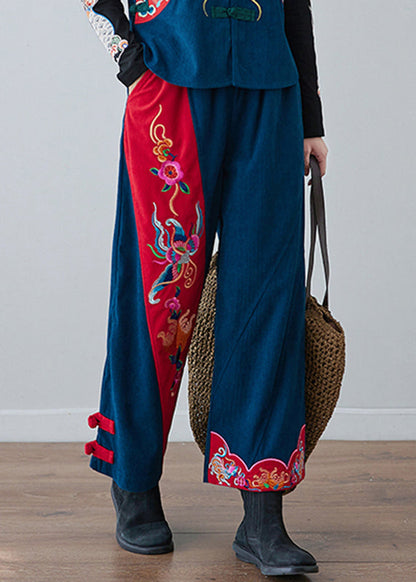 Navy Embroideried Pockets Elastic Waist Crop Pants Fall