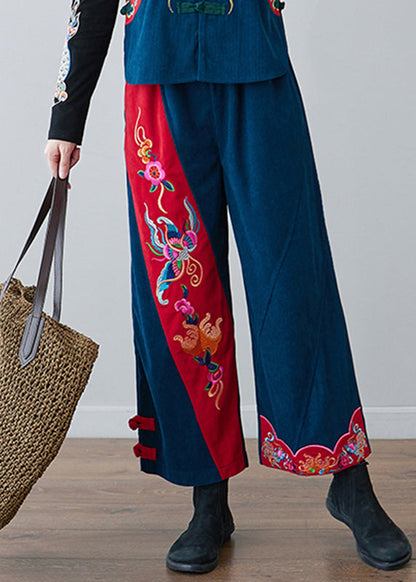 Navy Embroideried Pockets Elastic Waist Crop Pants Fall