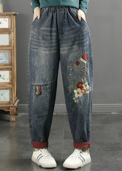 Navy Embroidered Patchwork Denim Pants Spring