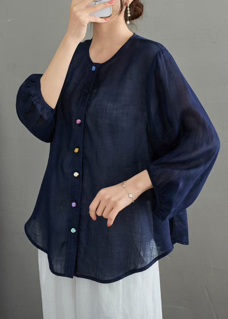 Navy O Neck Button Loose Linen Shirts Summer