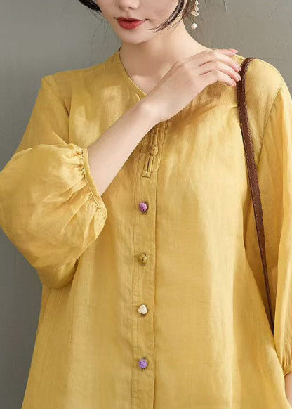 Navy O Neck Button Loose Linen Shirts Summer