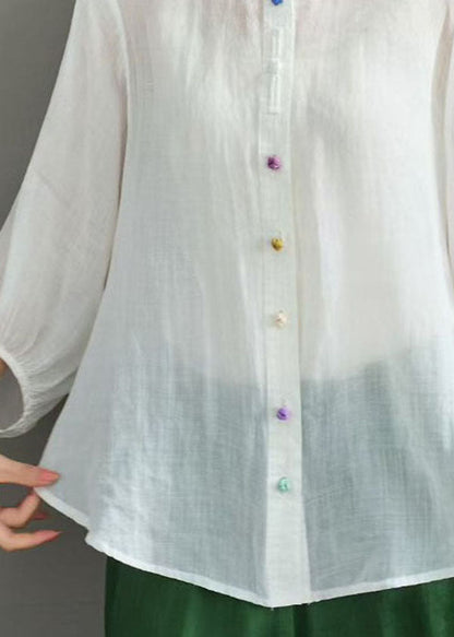 Navy O Neck Button Loose Linen Shirts Summer
